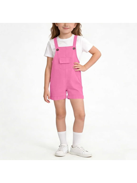 Girls Denim Overall Shorts Casual Adjustable Strap Bib Shortalls with Front Pocket Summer Loose Fit Cuffed Hem Romper Jumpsuit for Everyday School Wear
