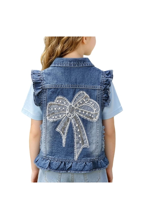 Girls Denim Vest Ruffle Sleeveless Jean Jacket Outerwear with Sparkly Sequin Bow Patch Distressed Button Down Casual Tops for Toddler Kids Spring