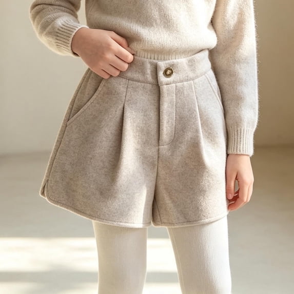 Trikvn Girls Dressy Wool Blend Shorts High Elastic Waist Pleated Front Fall Winter Warm Uniform Shorts with Pockets