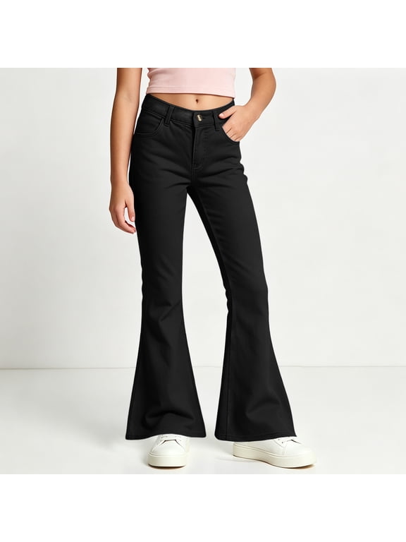 Girls Flared Pants Bell Bottoms Chino Slim Fit High Waisted Stretch Trousers Flattering Fashion Everyday Street Wear