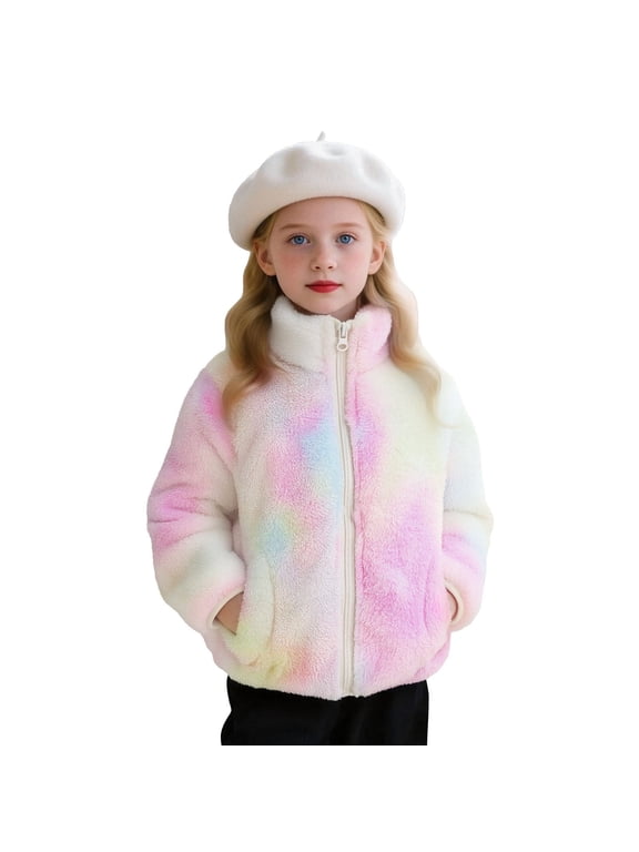 Girls Fuzzy Fleece Jacket Tie Dye Warm Winter Coat Full Zip Stand Collar Outerwear Casual Fluffy Sherpa Sweater for Kids Soft Long Sleeve Active Playwear