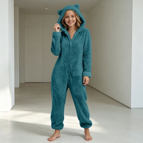 Trikvn Girls Fuzzy Fleece Onesie Pajamas Hooded Jumpsuit with Zipper Cute Bear Ear Warm Winter Sleepwear Lounge Romper