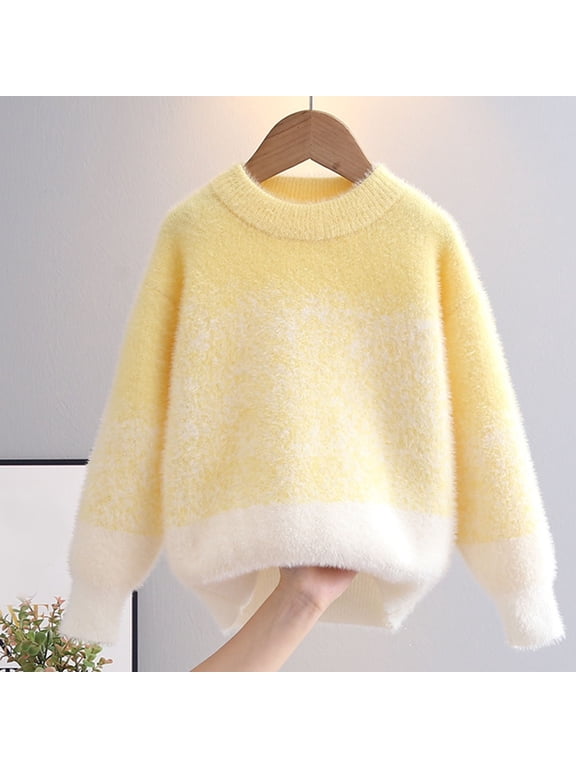 Girls Fuzzy Knit Sweater Ombre Gradient Pullover Top Long Sleeve Warm Cozy Jumper Casual Fall Winter Clothing for Kids Tween Fashion Everyday Wear