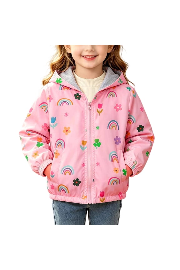 Girls Lightweight Windbreaker Jacket Cute Rainbow Print Hooded Zip Up Spring Outerwear Active Playwear Coat with Pockets for Toddler Kids Daily Wear