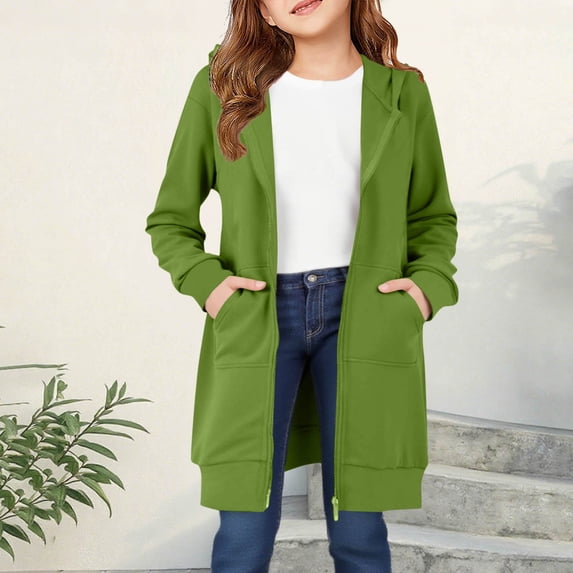 Trikvn Girls Long Zip Up Hoodie Casual Tunic Length Sweatshirt Long Sleeve Hooded Jacket with Pockets Fall Winter Outerwear for Youth Kids Comfortable Daily Clothing