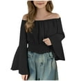 thumbnail image 1 of Trikvn Girls Off Shoulder Crop Tops Tween Bell Long Sleeve Smocked Waist Flowy Ruffle Shirts Summer Casual Cute Party Vacation Beach Holiday Tees, 1 of 5