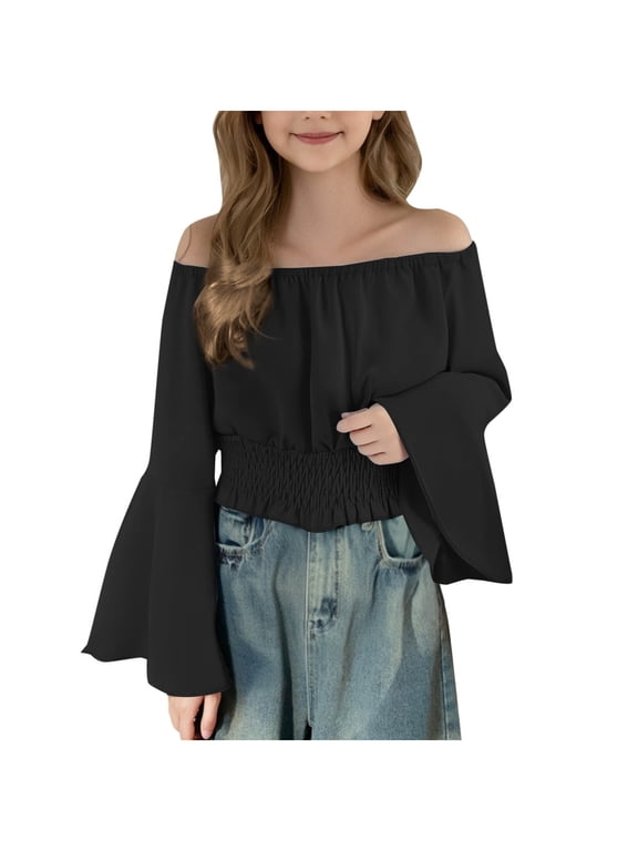 Girls Off Shoulder Crop Tops Tween Bell Long Sleeve Smocked Waist Flowy Ruffle Shirts Summer Casual Cute Party Vacation Beach Holiday Tees
