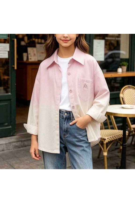 Girls Ombre Button Down Shirts Long Sleeve Casual Loose Shacket Tops Gradient Color Block Fall Lightweight Jacket with Pocket School Vacation Clothes