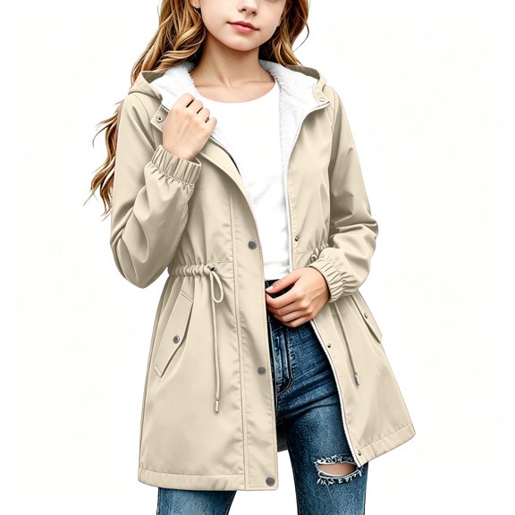 Trikvn Girls Sherpa Lined Windbreaker with Drawstring Waist and Pockets Hooded Fleece Lined Rain Jacket Mid Length Waterproof Warm Anorak for Fall Winter Daily Outdoor Camping 4-15Y