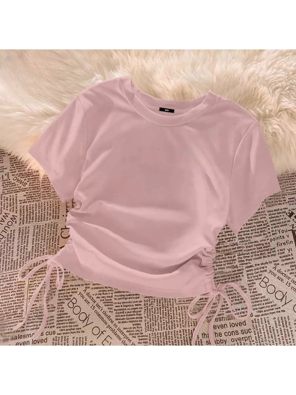 Girls Short Sleeve Crop Tops Ruched Side Drawstring T-Shirts Casual Crewneck Slim Fit Summer Basic Tee Fashion Athletic Yoga Dance Workout Activewear Blouse