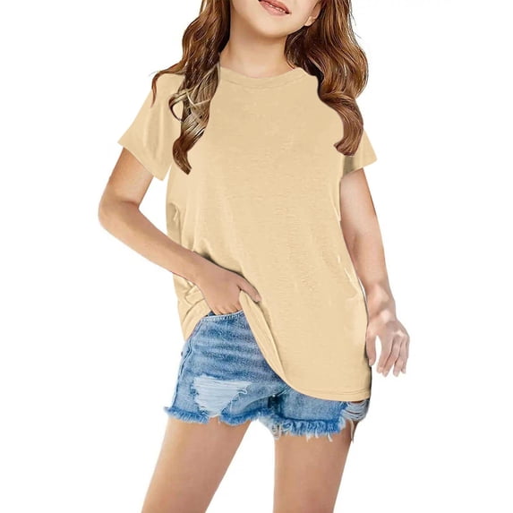 Trikvn Girls Short Sleeve Tops Tween Basic Short Sleeve Crewneck Casual Summer T Shirts Loose Fit Lightweight Solid Breathable Trendy School Tee