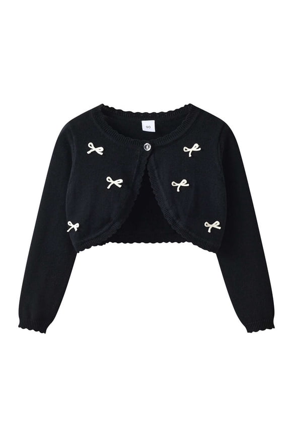 Girls Shrug Sweaters Long Sleeve Cropped Bolero Jacket Cute Bow Embroidered Knit Button Down Cardigan Coat Outerwear for Wedding Party Dress Toddler Kids Wear