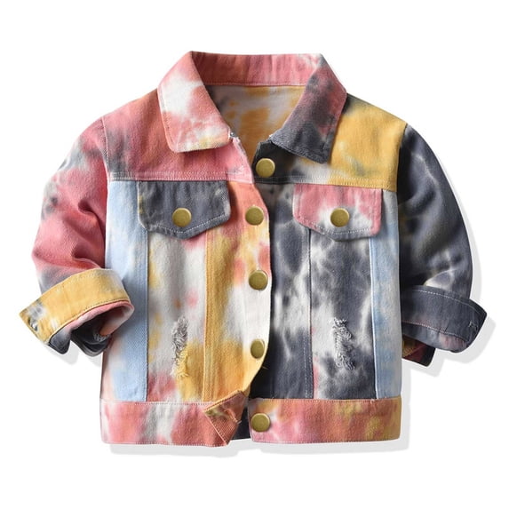 Trikvn Girls Tie Dye Denim Jacket Button Down Distressed Jean Coat Long Sleeve Lapel Fashion Casual Outerwear Tops Flattering Fall Spring Essential for Kids Tweens