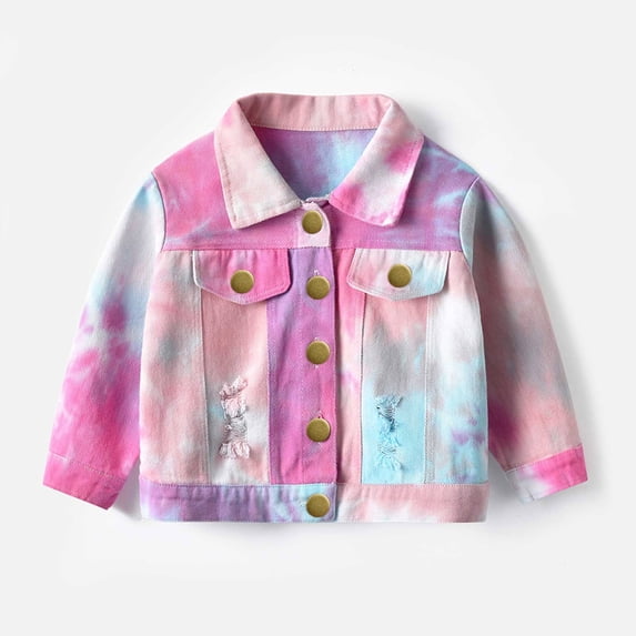 Trikvn Girls Tie Dye Denim Jacket Button Down Distressed Jean Coat Long Sleeve Lapel Fashion Casual Outerwear Tops Flattering Fall Spring Essential for Kids Tweens