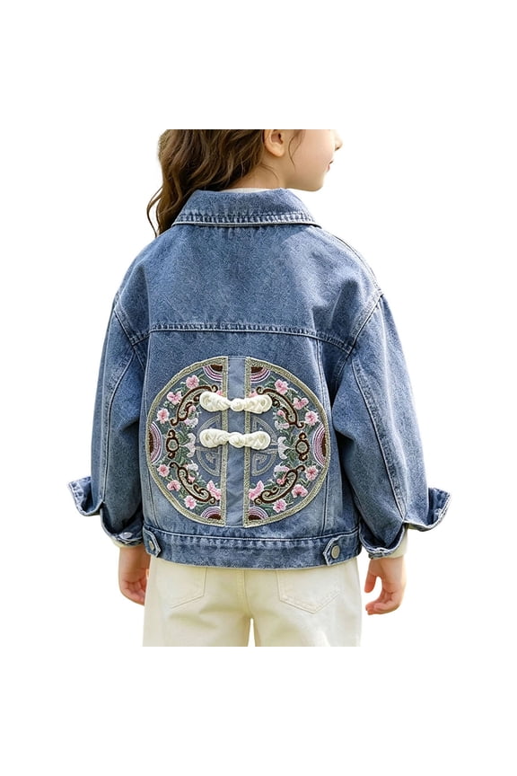 Girls Vintage Denim Jacket Button Down Long Sleeve Jean Coat with Traditional Frog Button Embroidery Patch Casual Spring Fall Fashion Outerwear Tops for Kids