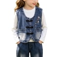 thumbnail image 1 of Trikvn Girls Vintage Denim Vest with Delicate Floral Embroidery and Traditional Retro Frog Closures Sleeveless Casual Outerwear Spring Fall Waistcoat Stylish Jacket, 1 of 8