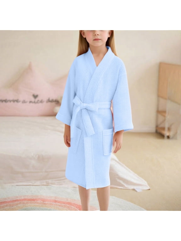 Girls Waffle Bathrobe Spa Robe Knee Length Lightweight Sleepwear Breathable Loungewear with Tie Belt and Pockets Comfortable Cover Up Dress for Kids Tween