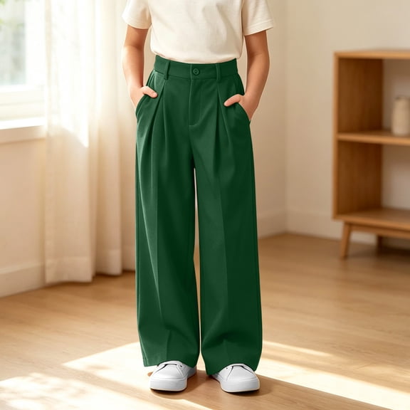 Trikvn Girls Wide Leg Dress Pants Pleated High Waisted Trousers with Pockets Casual School Uniform Formal Flowy Pants