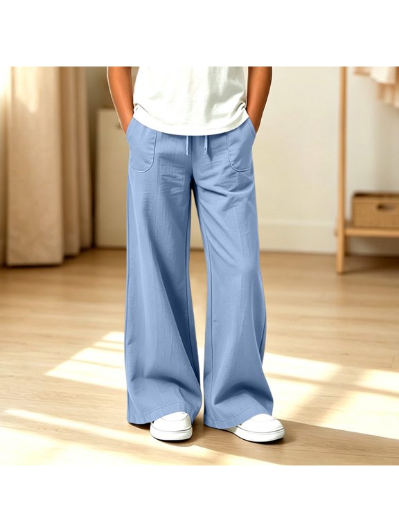 Girls Wide Leg Lounge Pants Drawstring Elastic Waist Casual Relaxed Fit Trousers with Large Pockets for Playwear