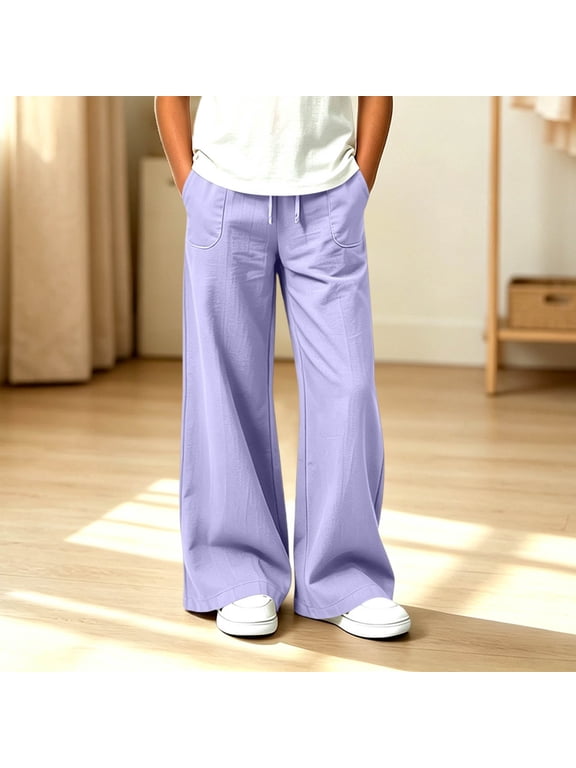 Girls Wide Leg Lounge Pants Drawstring Elastic Waist Casual Relaxed Fit Trousers with Large Pockets for Playwear