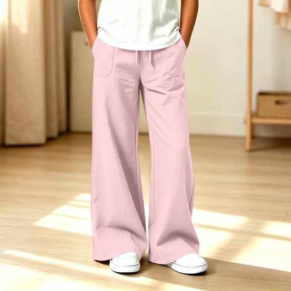Trikvn Girls Wide Leg Lounge Pants Drawstring Elastic Waist Casual Relaxed Fit Trousers with Large Pockets for Playwear