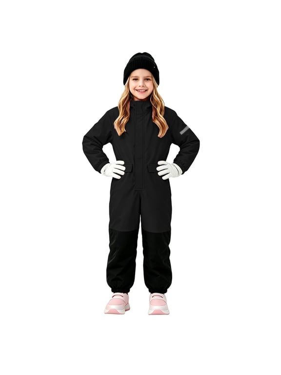Girls Winter Snowsuit Waterproof One Piece Ski Suit with Hood Warm Fleece Lined Jumpsuit for Outdoor Cold Weather