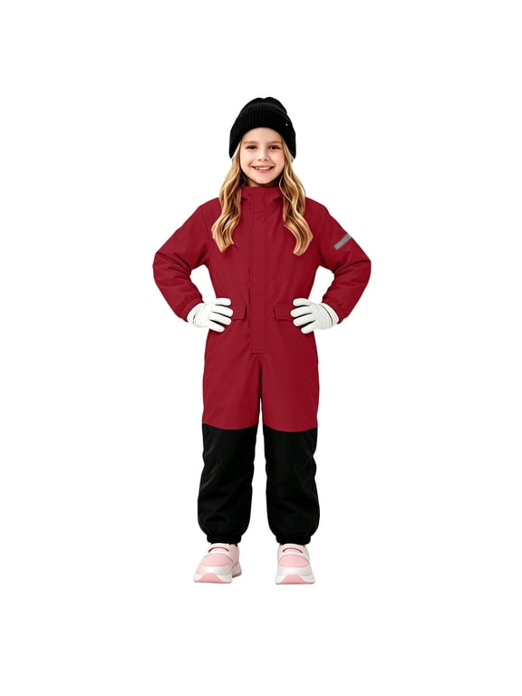 Girls Winter Snowsuit Waterproof One Piece Ski Suit with Hood Warm Fleece Lined Jumpsuit for Outdoor Cold Weather