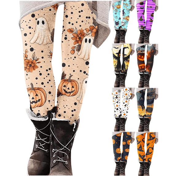 Trikvn Halloween Leggings for Women High Waisted Ghost Pumpkin Floral Print Yoga Pants Cute Fall Tights for Thanksgiving