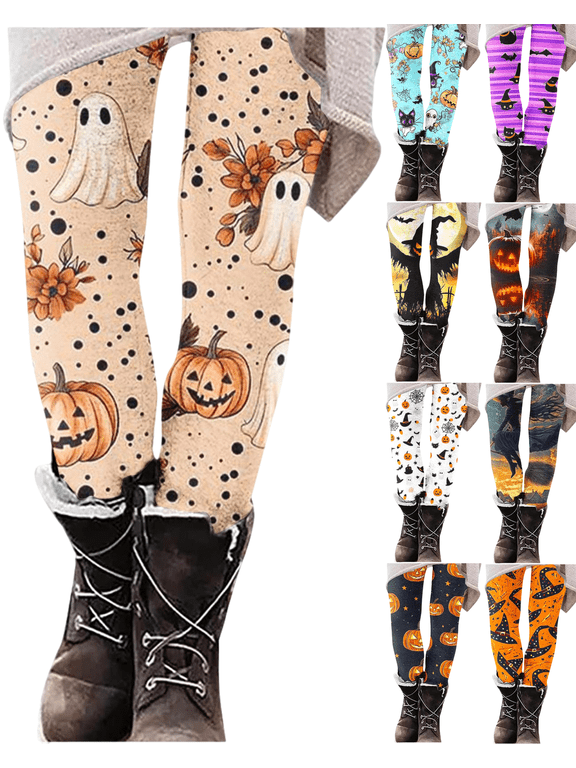 Halloween Leggings for Women High Waisted Ghost Pumpkin Floral Print Yoga Pants Cute Fall Tights for Thanksgiving