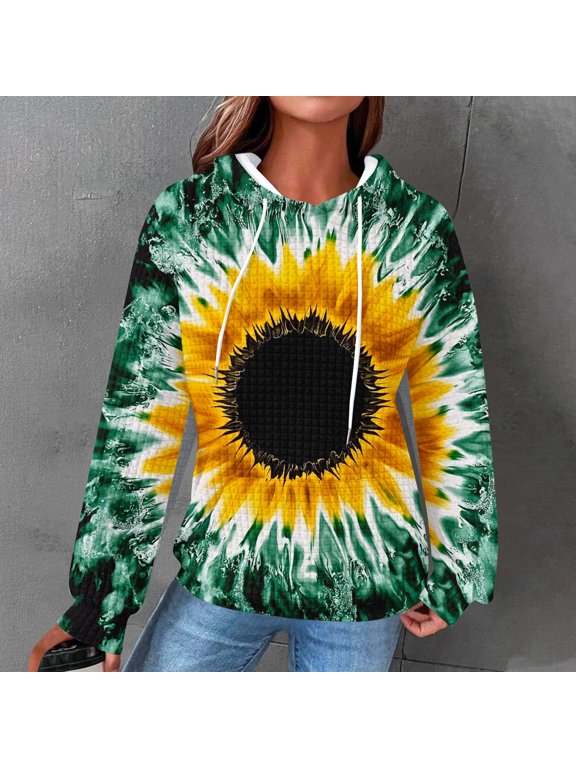 Hippie Hoodies for Women Sunflower Tie Dye Print Sweatshirt Long Sleeve Drawstring Floral Pullover Top with Pockets for Fall Winter Daily Casual Streetwear S-5XL