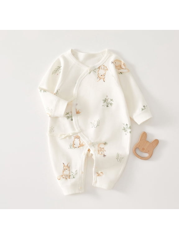 Infant Baby Jumpsuit Woodland Squirrel Print Long Sleeve Wrap Kimono Romper Soft Cotton Newborn Sleep and Play Pajamas