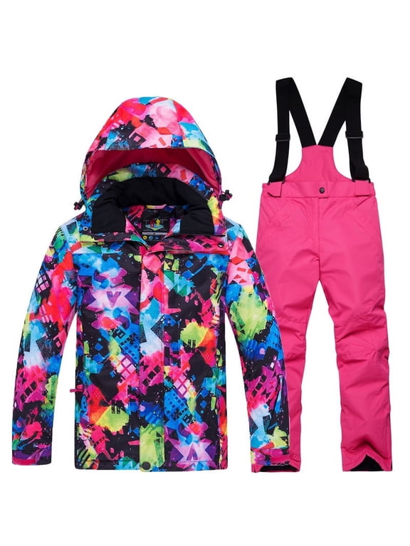 Kids 2 Piece Winter Ski Suit Waterproof Snowboarding Jacket and Snow Bib Pants Set Windproof Warm Insulated Snowsuit for Girls Boys Outdoor Cold Weather Snow Play