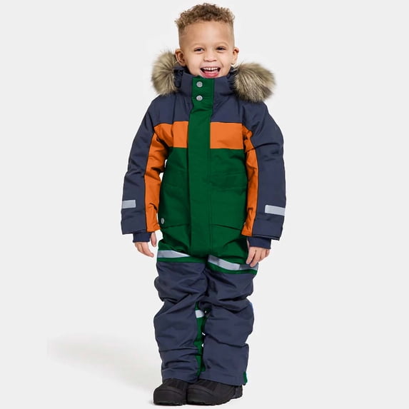 Trikvn Kids Boys One Piece Snowsuit Winter Waterproof Ski Jumpsuit Windproof Snowboarding Suit with Faux Hood and Reflective Details for Outdoor Sports