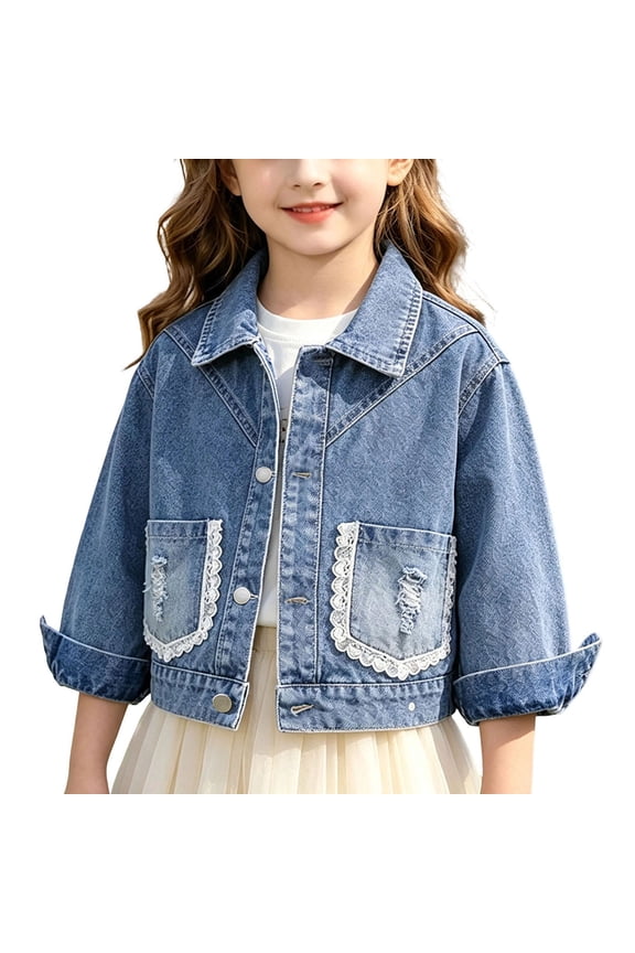 Kids Girls Button Up Denim Jacket Long Sleeve Fall Outerwear Coat Vintage Ripped Distressed Style Cute Lace Trim Pockets Casual Spring Everyday Clothes