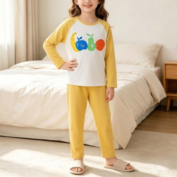 Trikvn Kids Girls Raglan Long Sleeve Pajama Set Fruit Graphic T-Shirt and Pants 2 Piece Sleepwear Cute Casual PJs Outfits Nightwear