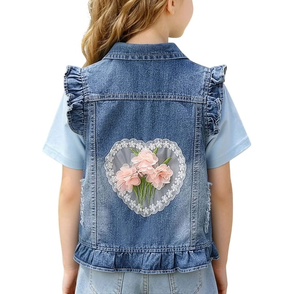 Trikvn Kids Girls Ruffle Denim Vest Sleeveless Button Up Jean Jacket Coat with 3D Pink Floral Heart Patch Distressed Casual Spring Summer Outerwear Tops