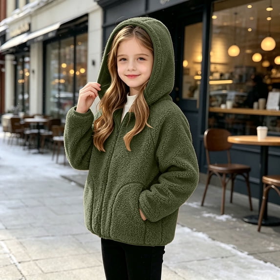 Trikvn Kids Girls Sherpa Hoodie Full Zip Up Fuzzy Fleece Jacket with Pockets Warm Thick Winter Coat Soft Outerwear for School Outdoor Activities Casual Fall Wear