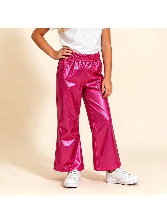Kids Girls Shiny Metallic Flare Pants Faux Leather Bell Bottoms Elastic Waist Trousers for Dance Disco Party Casual Wear