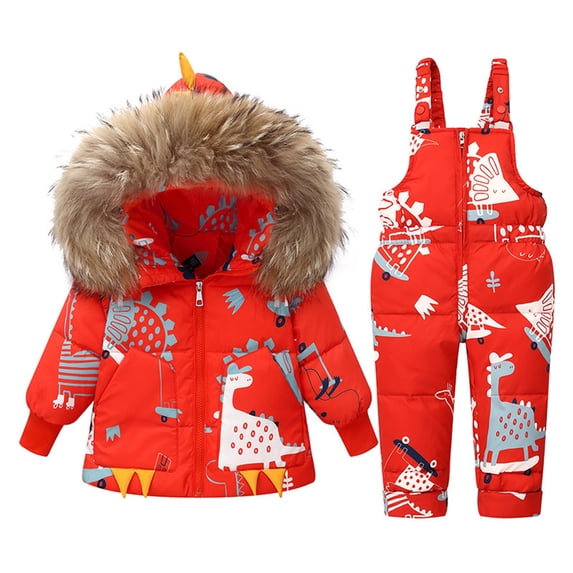 Trikvn Kids Toddler Boys 2 Piece Snowsuit Waterproof Winter Ski Suit Hooded Puffer Jacket and Snow Bib Pants Set Windproof Snowboarding Outfit with Cute Print