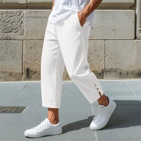 Trikvn Linen Capris Men Loose Fit Summer Casual Drawstring Elastic Waist Cropped Pants Breathable Beach Vacation Trousers with Pockets