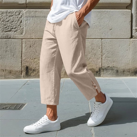 Trikvn Linen Capris Men Loose Fit Summer Casual Drawstring Elastic Waist Cropped Pants Breathable Beach Vacation Trousers with Pockets