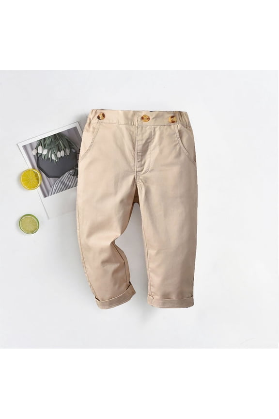 Little Boys Pull On Chino Trousers Elastic Waistband Casual Classic Style Cotton Twill Straight Leg School Uniform Pants with Pockets Smart Casual Slacks