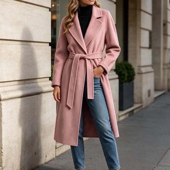 Trikvn Long Notch Lapel Wool Blend Wrap Coat Women Belted Waist Long Sleeve Warm Winter Elegant Loose Dress Coat with Pockets Business Casual S-3XL