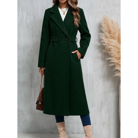 Trikvn Long Wool Blend Pea Coat for Women Notched Lapel Belted Waist Double Breasted Long Sleeve Elegant Overcoat with Pockets Winter Dressy S-3XL