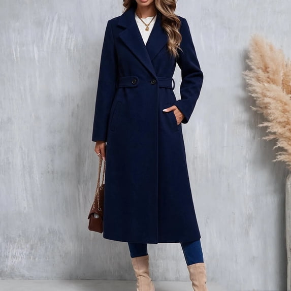 Trikvn Long Wool Blend Pea Coat for Women Notched Lapel Belted Waist Double Breasted Long Sleeve Elegant Overcoat with Pockets Winter Dressy S-3XL
