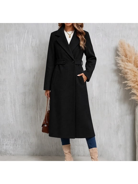 Long Wool Blend Pea Coat for Women Notched Lapel Belted Waist Double Breasted Long Sleeve Elegant Overcoat with Pockets Winter Dressy S-3XL