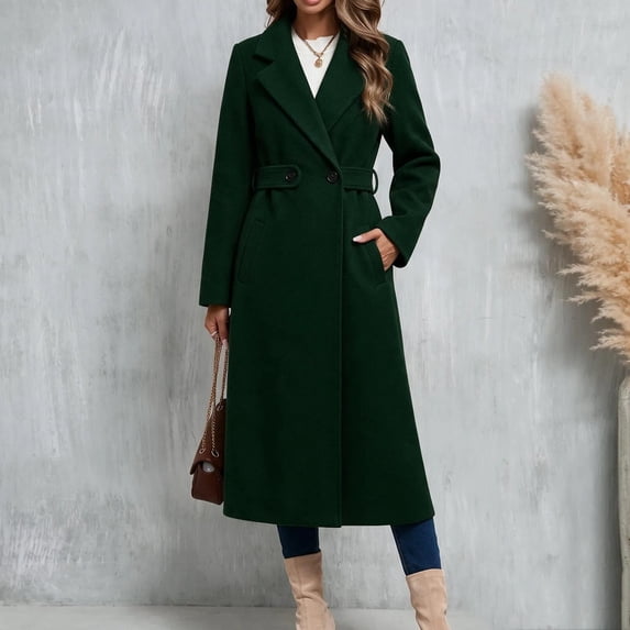 Trikvn Long Wool Blend Pea Coat for Women Notched Lapel Belted Waist Double Breasted Long Sleeve Elegant Overcoat with Pockets Winter Dressy S-3XL
