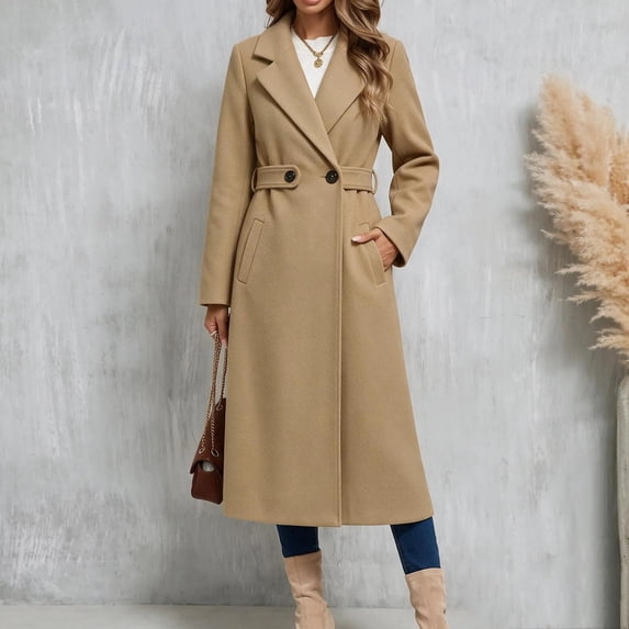 Trikvn Long Wool Blend Pea Coat for Women Notched Lapel Belted Waist Double Breasted Long Sleeve Elegant Overcoat with Pockets Winter Dressy S-3XL