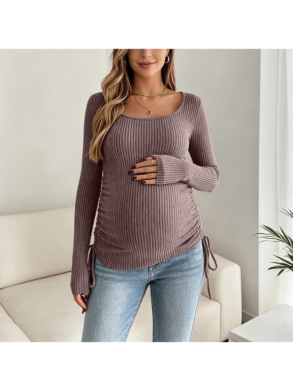 Maternity Women Tops Ribbed Knit Long Sleeve Scoop Neck Pullover Side Ruched Drawstring Pregnancy Strechy T Shirt Comfy Fall Daily Casual Wear