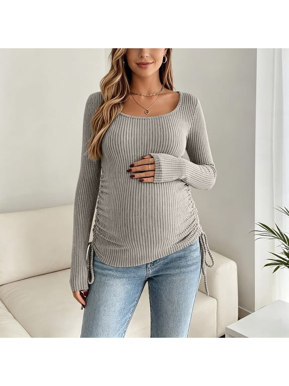 Maternity Women Tops Ribbed Knit Long Sleeve Scoop Neck Pullover Side Ruched Drawstring Pregnancy Strechy T Shirt Comfy Fall Daily Casual Wear